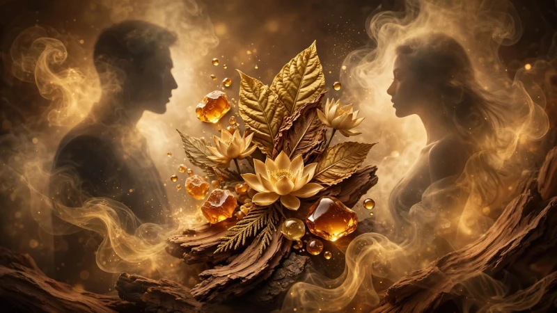 น้ำหอม TOBAROMA Royal Tobacco Eau de Parfum กลิ่นวู้ดดี้ แอมเบอร์ ยูนิเซ็กส์ ภาพคอนเซ็ปต์ ดอกบัวทอง ใบยาสูบ ผลึกอำพัน ควันหอมล้อมรอบชายหญิง สื่อกลิ่นยาสูบโอเรียนทัลอบอุ่นเร้าอารมณ์