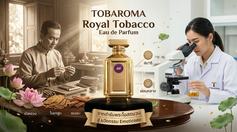 TOBAROMA Royal Tobacco Eau de Parfum ขวดทอง จากตำรับพระโอสถมวน สู่ นวัตกรรม Emoticode ชายทำยาเส้น บัวหลวง ใบยาสูบ อบเชย นักวิทยาศาสตร์ในห้องแล็บ ช่วยสมาธิ ผ่อนคลาย