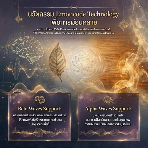 นวัตกรรม Emoticode Technology เพื่อการผ่อนคลาย TOBAROMA ผสม Essential Oils วิจัยร่วม Shanghai University of Traditional Chinese Medicine Beta Waves Support เสริมสมาธิ Alpha Waves Support ลดเครียด ช่วยนอนหลับลึก